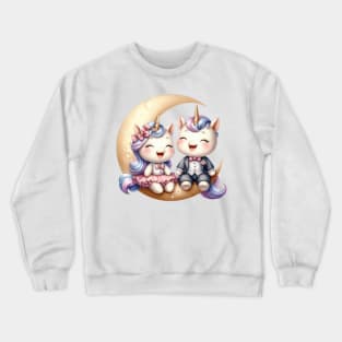 Valentine Happy Unicorn Couple On Moon Crewneck Sweatshirt